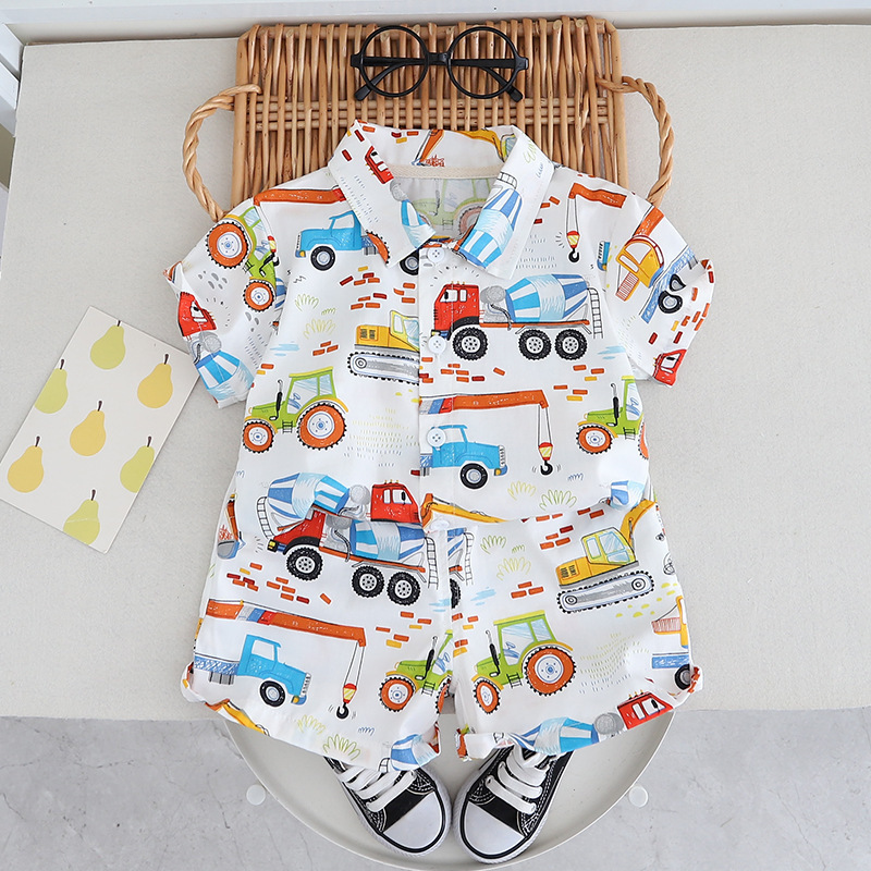 Baby cartoon engineering vehicle short-sleeved shirt suit 2024 Summer new boys' handsome thin breathable children's clothing Baby cartoon engineering vehicle short-sleeved shirt suit 2024 Summer new boys' handsome thin breathable children's clothing