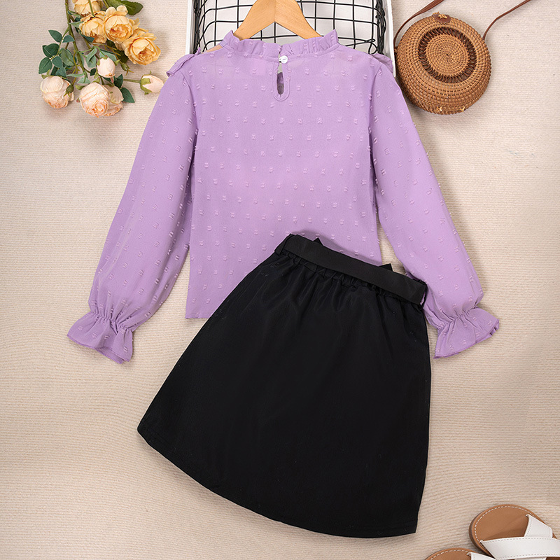 Mädchen Zweiteiler Set Mit Spitzen-langarmshirt Und Rock_voghion.com