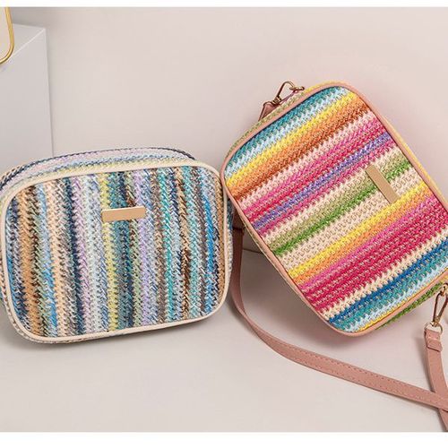 Cross-border export woven bag women's bag vertical pattern rainbow ethnic style grass fabric color camera bag