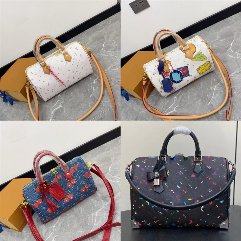 New Genuine Leather Denim Pillow-Shaped Couple's Cherry Handbag Travel Bag Shopping Tote Single Shoulder 30 Boston Handbag New Genuine Leather Denim Pillow-Shaped Couple's Cherry Handbag Travel Bag Shopping Tote Single Shoulder 30 Boston Handbag