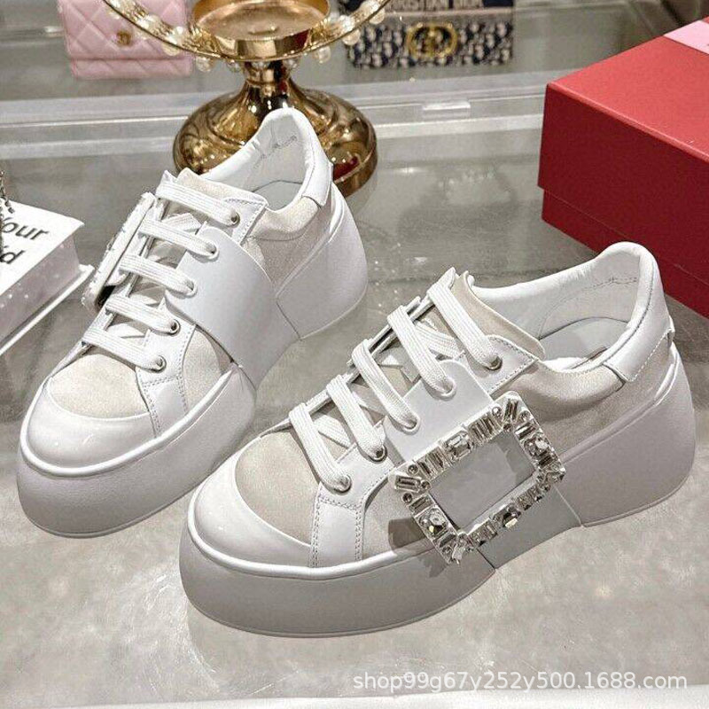Rv Square Buckle Rhinestone White Sneakers for Women, Thick-Soled 7.5 Platform Versatile Casual Sports Shoes, Celebrity Style Casual Shoes for Women Rv Square Buckle Rhinestone White Sneakers for Women, Thick-Soled 7.5 Platform Versatile Casual Sports Shoes, Celebrity Style Casual Shoes for Women