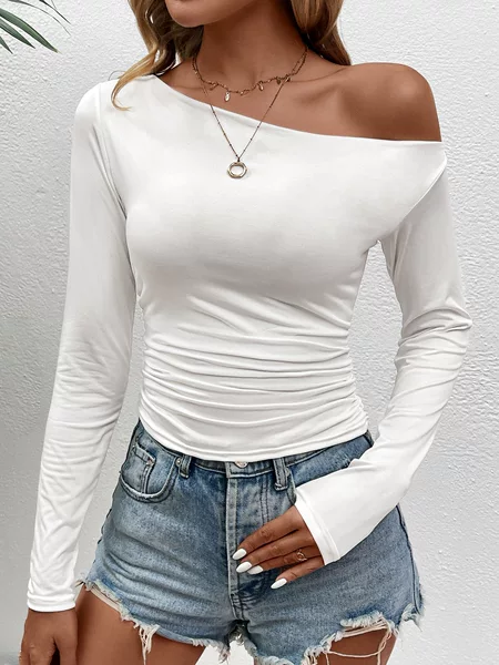 Cross-Border European and American Style Unique Sloping Shoulder Long-Sleeved T-Shirt Sexy Going Out Bottoming Shirt Slim Pullover One-Shoulder Top