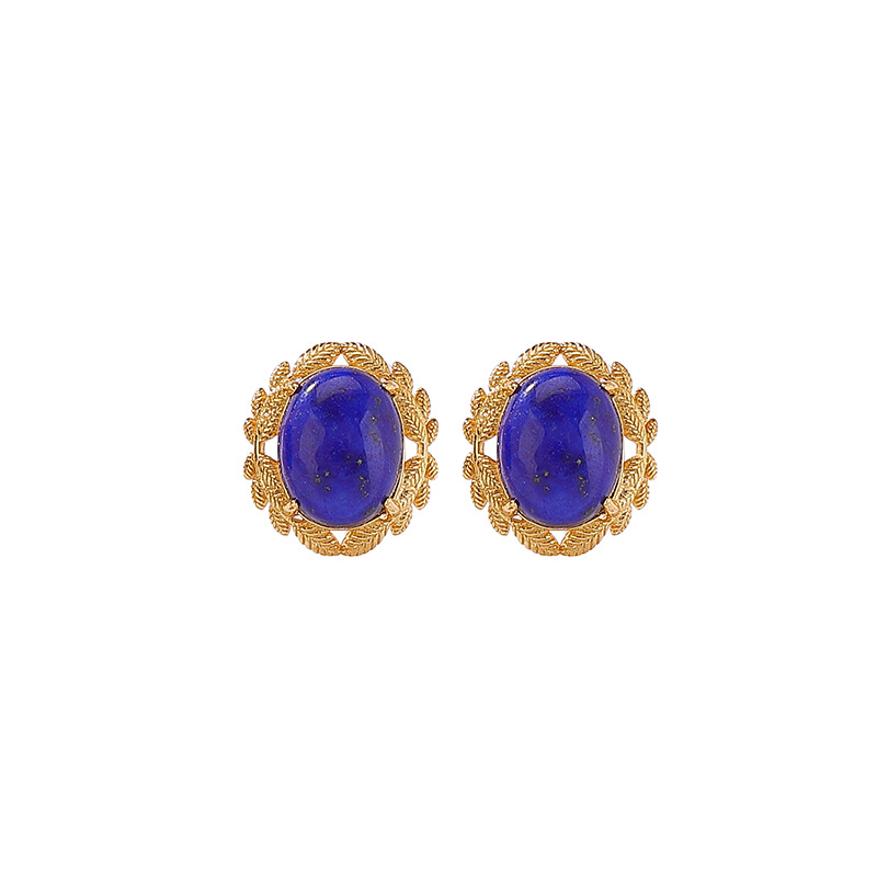 Bông tai bạc S925 mạ vàng đính đá Lapis Lazuli hình trứng vintage — Cặp đôi