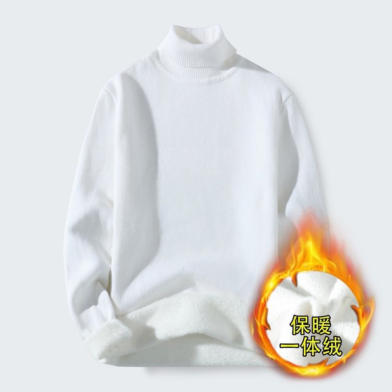 Men's Turtleneck Sweater Winter Slim Fit Fleece Thickened Pure Black New Base Shirt Trendy Warm Knitwear