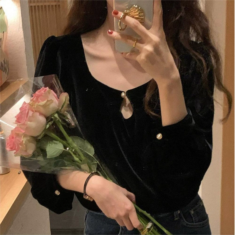 Французская ретро черная темпераментная рубашка с длинными рукавами женская ранняя весна 2024 новый нишевый темперамент свободная рубашка топ