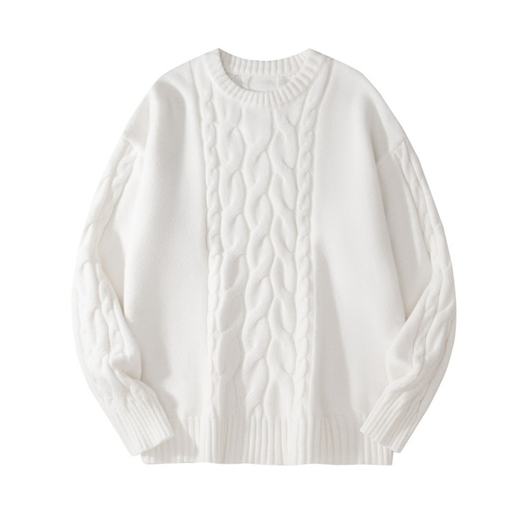 Maglione da uomo in maglia a trecce - Maglione girocollo oversize dalla vestibilità comoda con pannelli a contrasto (nero, bianco)_voghion.com