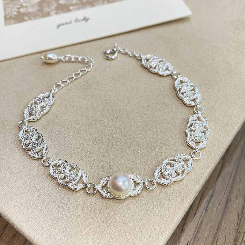 Han Jin Ying Jewelry, Camellia Flower, Natural Freshwater Pearl, Vintage Heavy Lace Hollow Pattern 925 Silver Bracelet Han Jin Ying Jewelry, Camellia Flower, Natural Freshwater Pearl, Vintage Heavy Lace Hollow Pattern 925 Silver Bracelet
