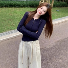 半开领正肩长袖t恤女修身美拉蓝不规则打底衫内搭初秋爵士舞上衣