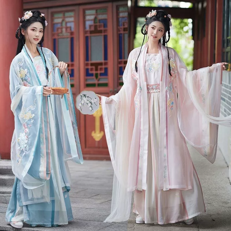 Блузка больших размеров для похудения длиной до талии с большими рукавами, плиссированная юбка на тонких бретельках, женская вышивка градиентом династии Сун Ханфу, весна и осень.