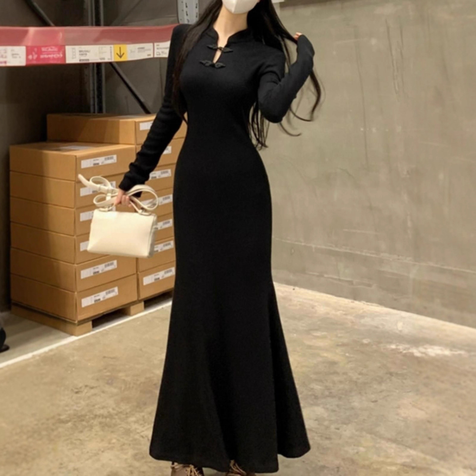 New Chinese Style Improved Cheongsam Hip-Covering Long Skirt for Women 2025 Autumn and Winter Large Size Waist-Cinching Bottoming Fishtail Dress