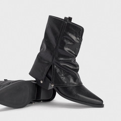 2023 Autumn/Winter Fleece Lined Women's Mid-Calf Pointed Toe Thick Heel High Heel Short Boots Hot Girl Metal Legging Boots