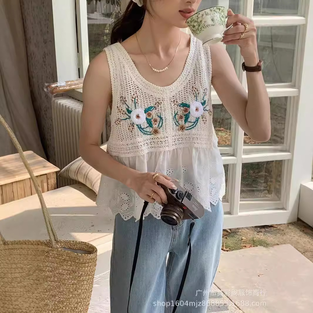 Summer New French Style Sweet Embroidered Western Style Stitching Lace Edge Hollow Outer Wear Sleeveless All-match Vest Top for Women