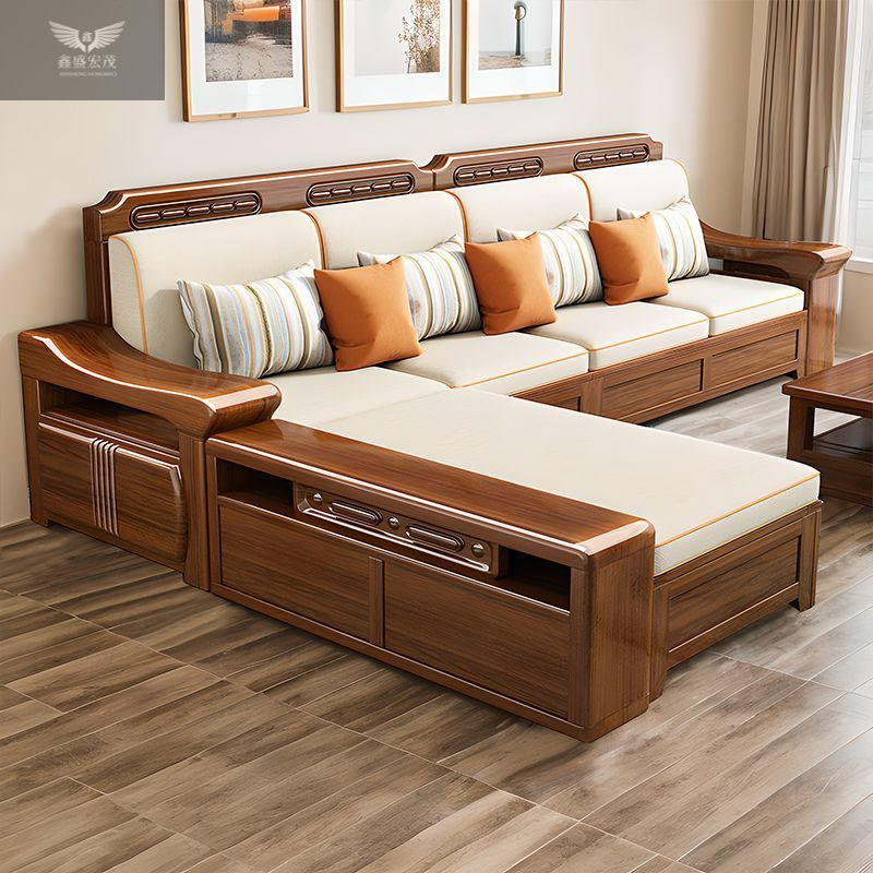 Nuevo estilo chino sala de estar juego completo sofá de madera maciza apartamento grande y pequeño nogal sofá de almacenamiento de madera maciza atmosférica de doble uso para invierno y verano image 4