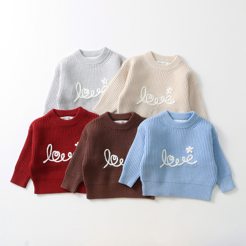Girls' Round Neck Pullover Knitwear, Autumn Baby Girl's Letter Embroidered Knitwear, Fashionable and Cute Warm Knitwear Top