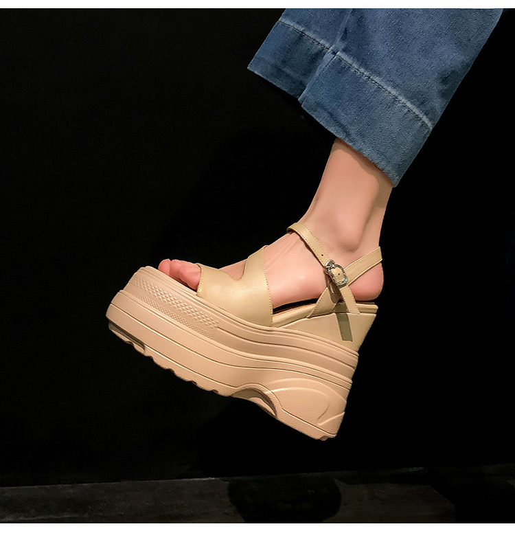 Sandal cao gót nữ hở mũi đế xuồng platform da bò thật, gót 12 cm, phong cách La Mã — màu đen, màu trắng, màu mơ chi tiết 13