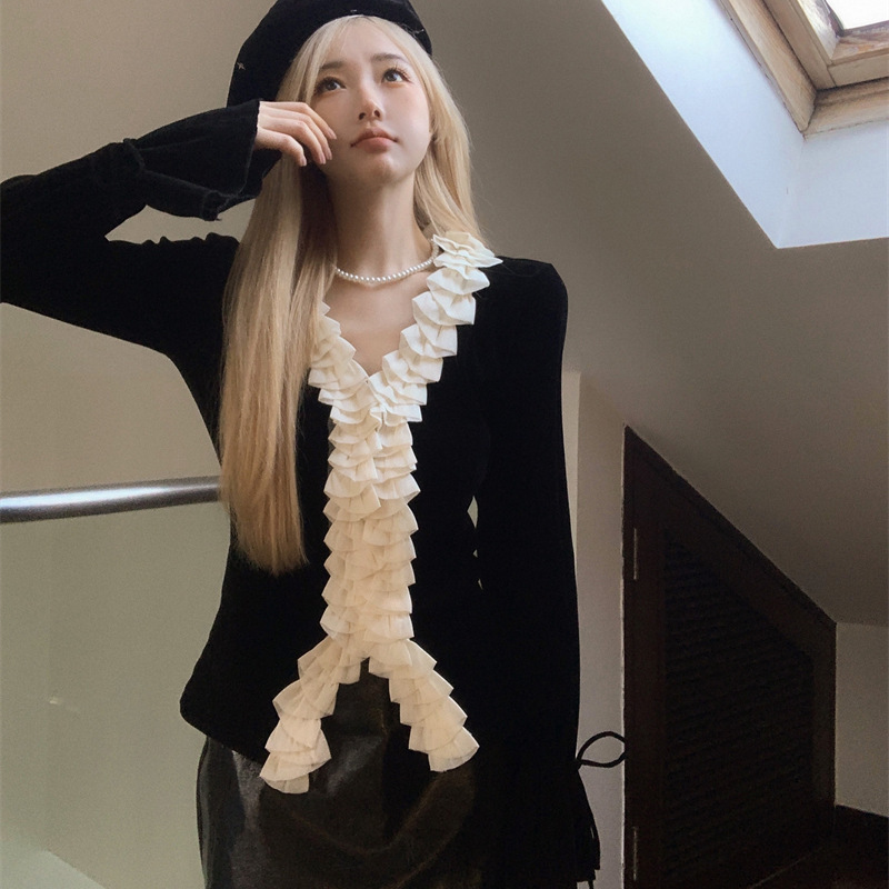 Plus Size Velvet Collar Long-Sleeved Shirt for Women in Autumn and Winter French Design Lace Edge Fat Belly-Covering Top