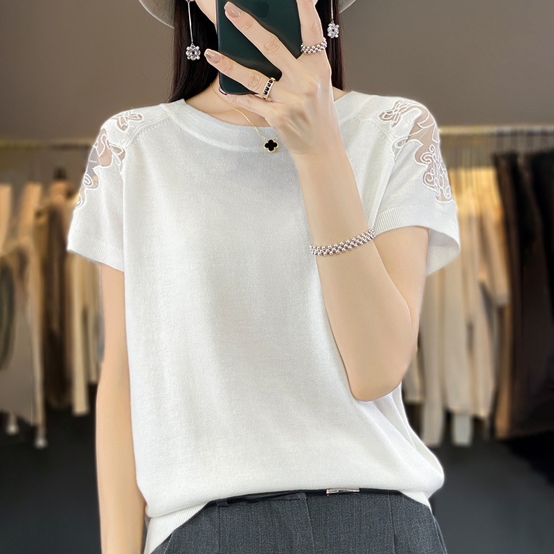 Summer New Style Women's 100% Tencel Shoulder Water-Soluble Hollow-Out Short-Sleeve T-Shirt Versatile Fashion Loose Top Knitwear Summer New Style Women's 100% Tencel Shoulder Water-Soluble Hollow-Out Short-Sleeve T-Shirt Versatile Fashion Loose Top Knitwear