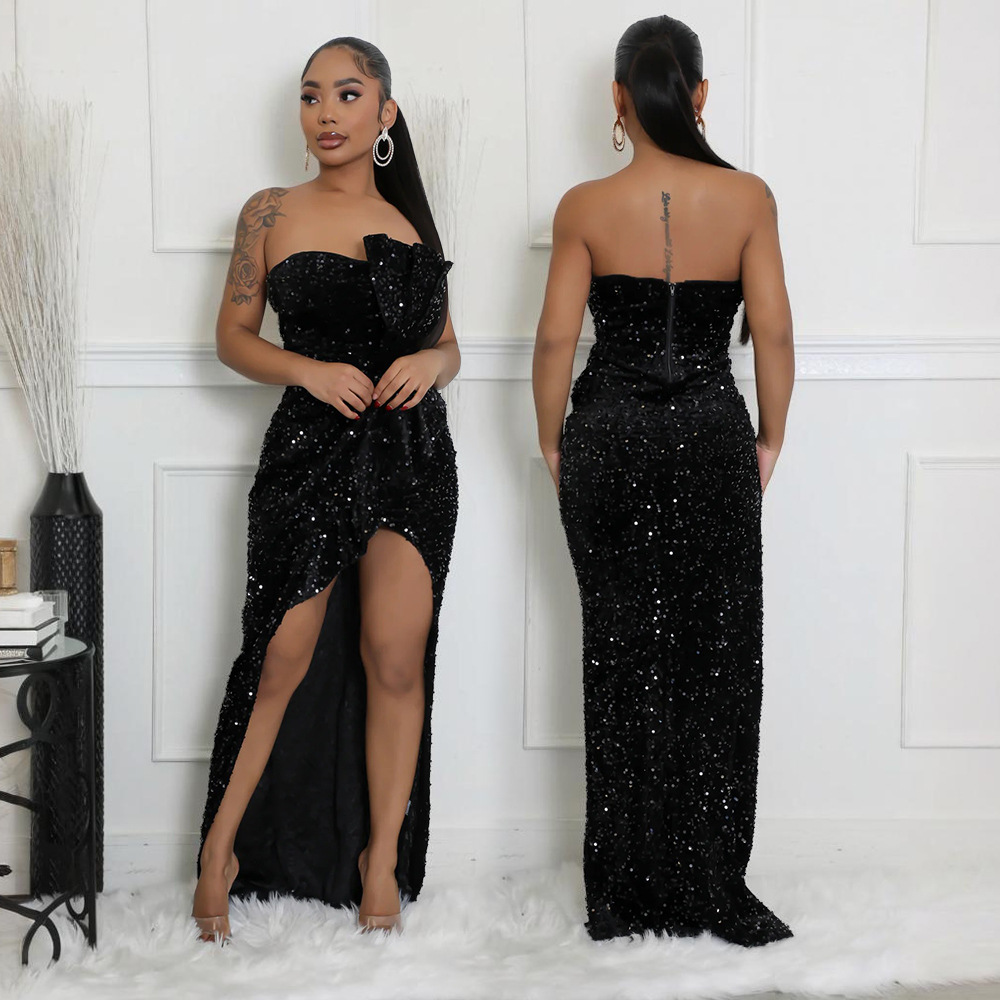 CY901661欧美亚马逊亮片晚礼服 性感抹胸不规则连衣裙拖尾长裙女