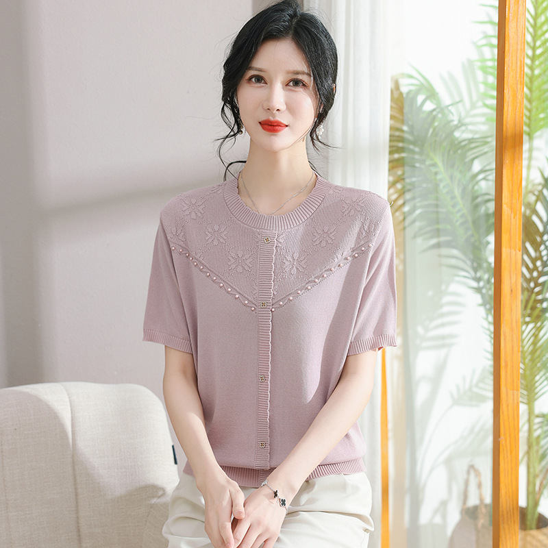 中老年女装圆领针织衫冰丝短袖T恤大码宽松妈妈装夏季假开衫上衣，女装针织衫/毛衣，妃慕昵服饰