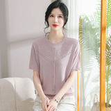 中老年女装圆领针织衫冰丝短袖T恤大码宽松妈妈装夏季假开衫上衣，女装针织衫/毛衣，妃慕昵服饰