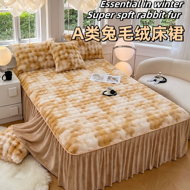 Thickened Winter Rabbit Plush Bed Skirt Single Piece Fleece-Lined Anti-Slip Coral Velvet Bed Surround Bedspread with Skirt Bed Sheets Three-Piece Set