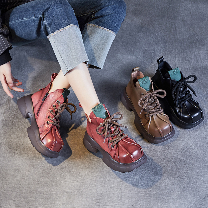 撞色个性松糕底高帮短靴潮靴女头层牛皮方头马丁靴拼色民族风女鞋
