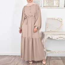女式优雅穆斯林衬衫裙超大泡泡袖卡夫坦伊斯兰服装休闲束带连衣裙