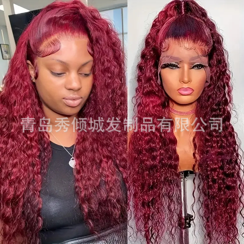 European and American wig women's front lace hand hook wine red small curly hair chemical fiber high temperature silk full head cover cross-border a generation of hair