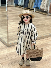 2024春装女童气质风黑白竖条纹宽松衬裙女宝宝泡泡袖系扣连衣裙