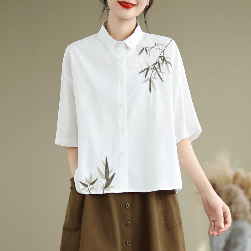 Реальный выстрел в национальном стиле мода плюс размер вышивки хлопчатобумажная рубашка с короткими рукавами