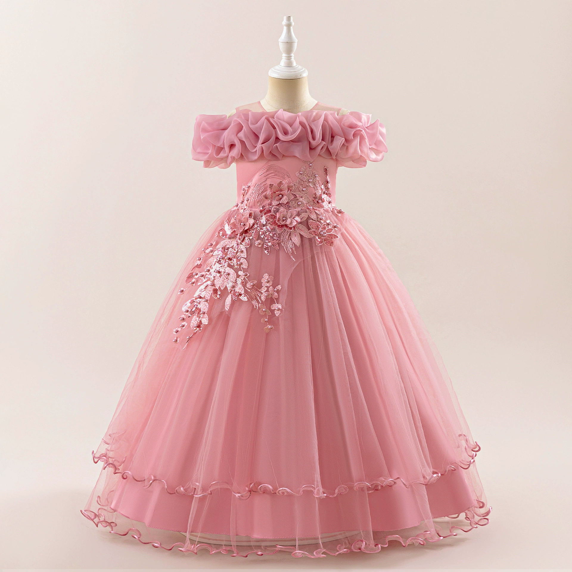 Европейские и американские платья для девочек новый детский бисер цветы на одно плечо свадебное платье принцессы маленькая девочка сценическое платье для вечеринки