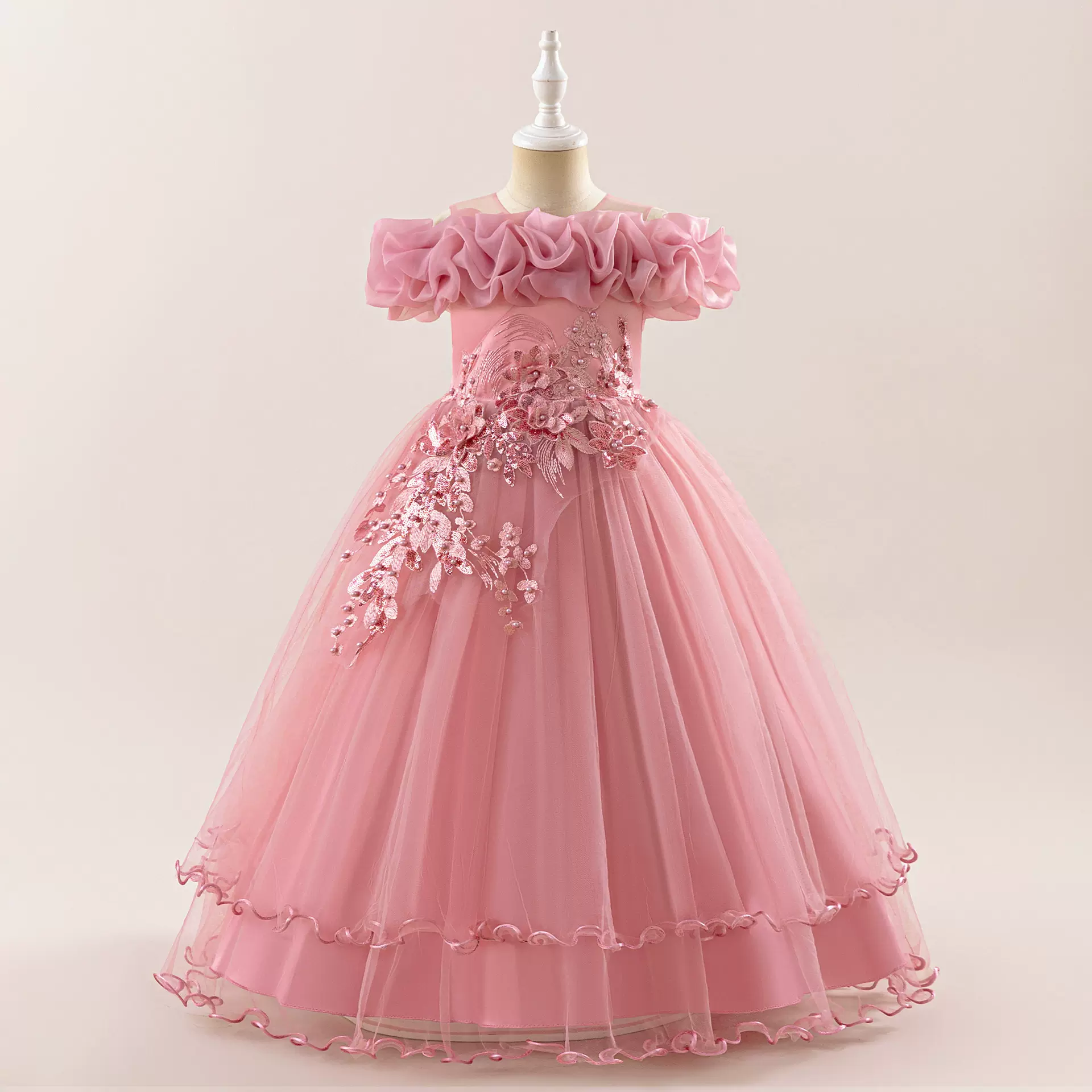 欧美女童礼服新款儿童珠片花朵单肩婚纱公主裙小女孩舞台派对礼服