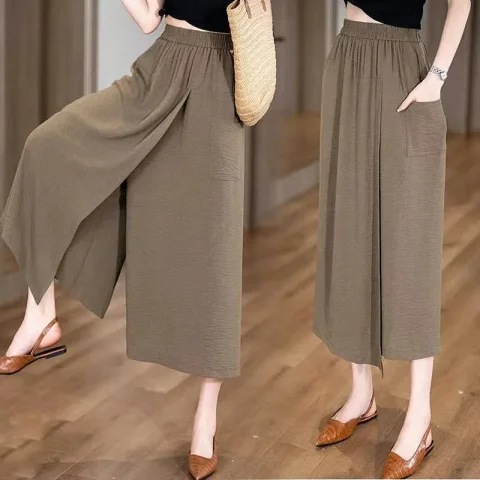 2025 Summer Thin Loose High Waist Split Lazy Style Casual Culottes Thick and Slimming Broad-legged Pants for Women