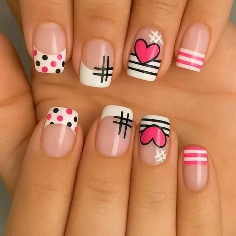 Valentine's Day Pink, White, Black, Color-Changing Lines, Polka Dots, French Short Square Heart Wear, Manicure, Foreign Trade Nails