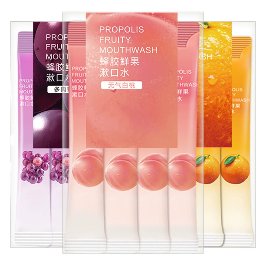 Портативный ополаскиватель для полости рта для свежего дыхания, ухода за полостью рта, одноразовый ополаскиватель с ароматом персика и прополиса, оптом.