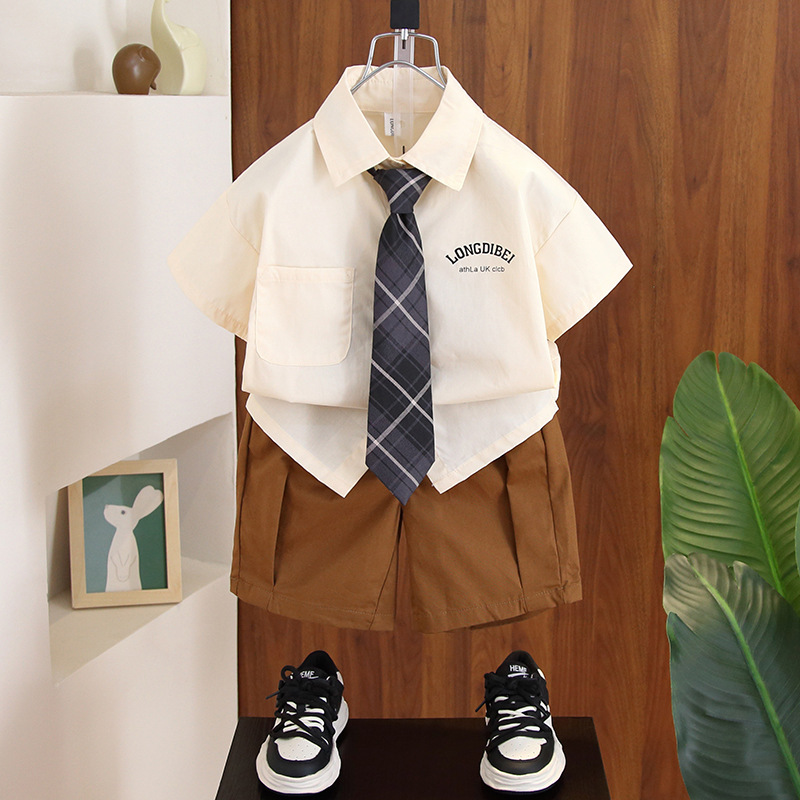 5235 traje de niño verano manga corta 2025 nueva ropa de verano para niños camisa coreana corbata de bebé camisa de moda