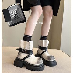 粗跟厚底短靴女2025新款秋冬季小个子高跟牛反绒复古皮带扣马丁靴