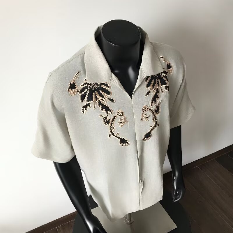 Bamboo Leaf Embroidered Short-Sleeved Shirt Men's Trendy New Men's Waffle Loose Casual Quarter-Sleeved Shirt Summer Large Size