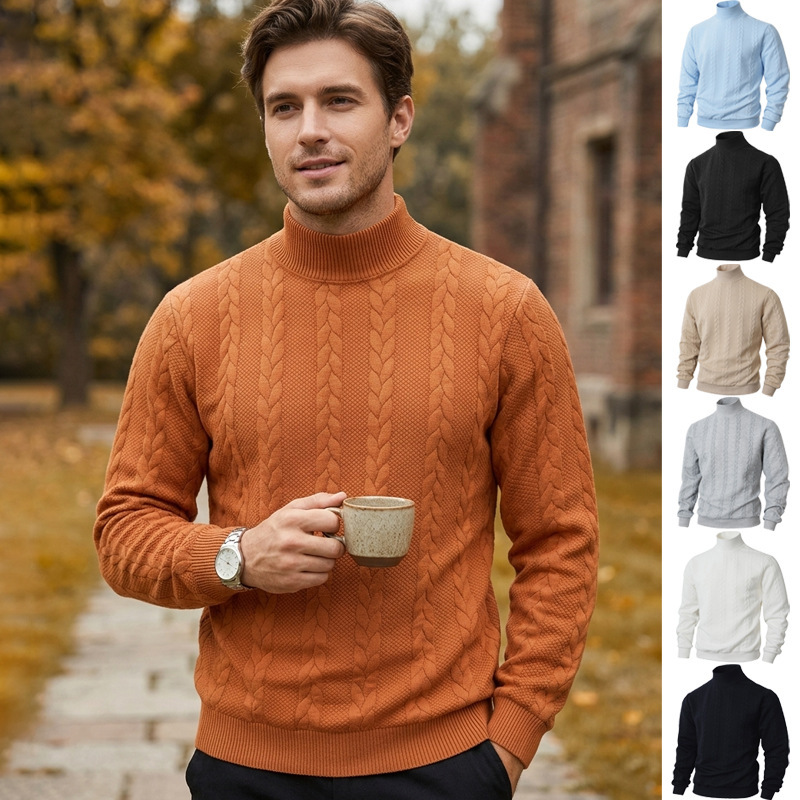 Cross-Border Best-Selling Solid Color High-Neck Men's Knitwear Jacquard Sweater for Inner Wear or Outer Layering, Suitable for Home and Outdoor Casual Wear