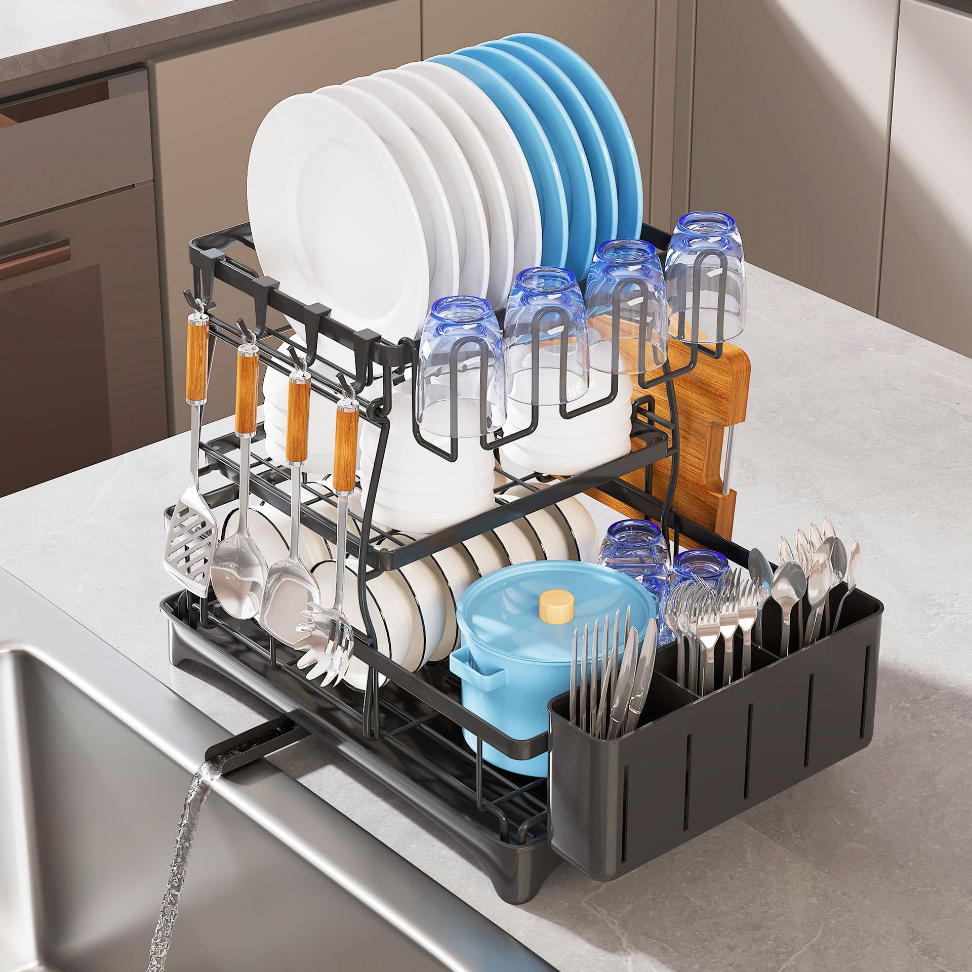 Plato de drenaje estante hogar fregadero extraíble tazón lateral palillos cuchillo tenedor Tazón plato vajilla mesa de almacenamiento estante de almacenamiento rack de almacenamiento