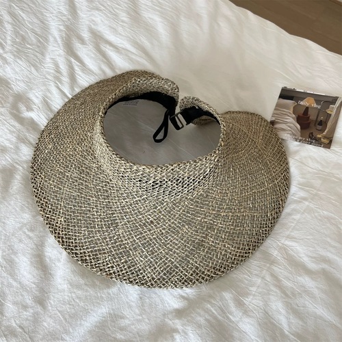 Foldable natural salt grass empty top hat portable Korean style rolled-brimmed sunshade straw hat seaside vacation hat