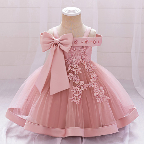 New Children's Dress for Girls with Pearl Flowers, Everyday Wear, One-Shoulder Strappy Birthday Dress for 1-Year-Old Babies
