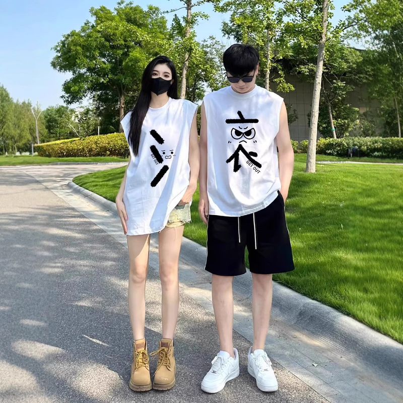 2025 Year's Chic Design Sleeveless Men's and Women's Couple's Combed Cotton Summer Clothing Spoof Rolling Lettering T-Shirt Tops