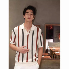欧美亚马逊短袖针织衫男士镂空条纹撞色商务修身T恤外贸跨境批发