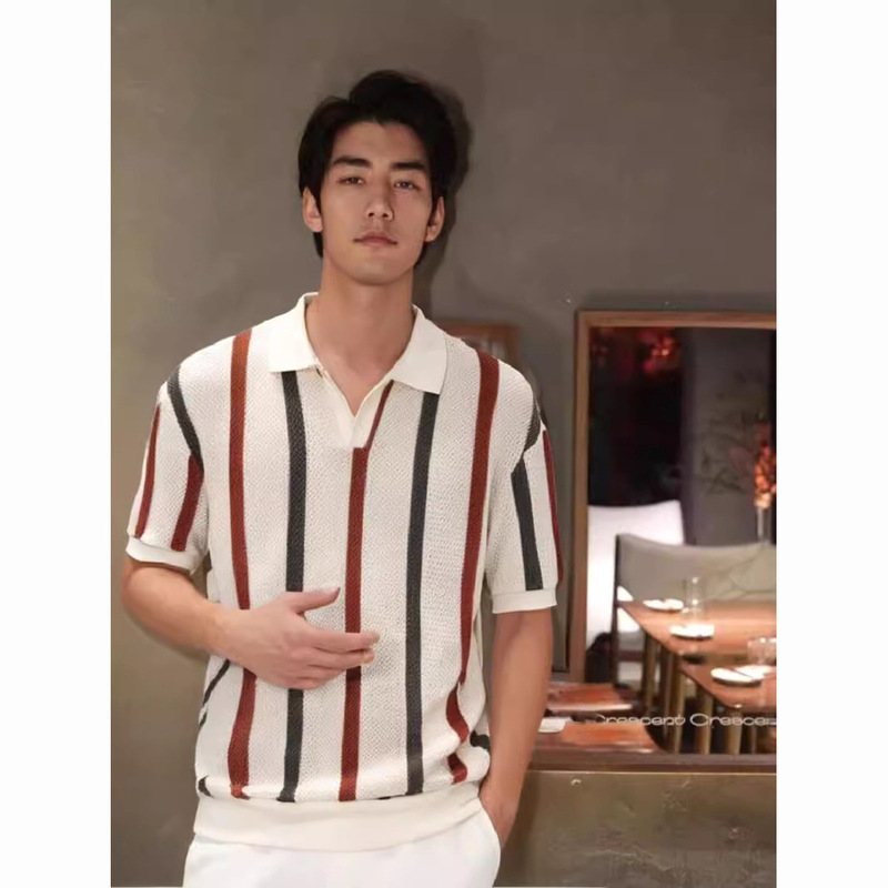欧美亚马逊短袖针织衫男士镂空条纹撞色商务修身T恤外贸跨境批发|undefined