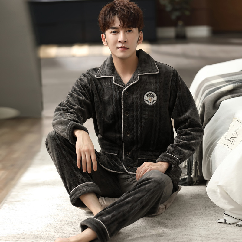 (2개) 남성용 잠옷 겨울 플란넬 두꺼운 잠옷 세트 가을, 겨울 젊은 남성 잠옷 대형 산호 벨벳 가정 의류