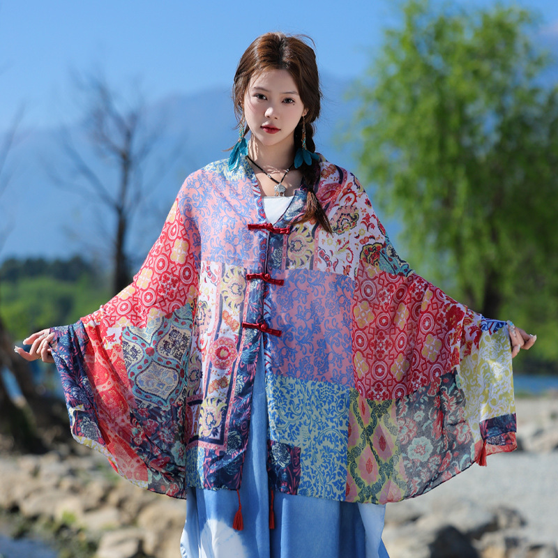 女性用日焼け止めショール、春夏旅行エスニック風ショール、海辺のボタン、新しい中国風のマント、カーディガン|undefined