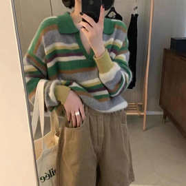 时尚洋气彩虹撞色条纹polo领短款羊毛衫女秋冬宽松显瘦小个子毛衣