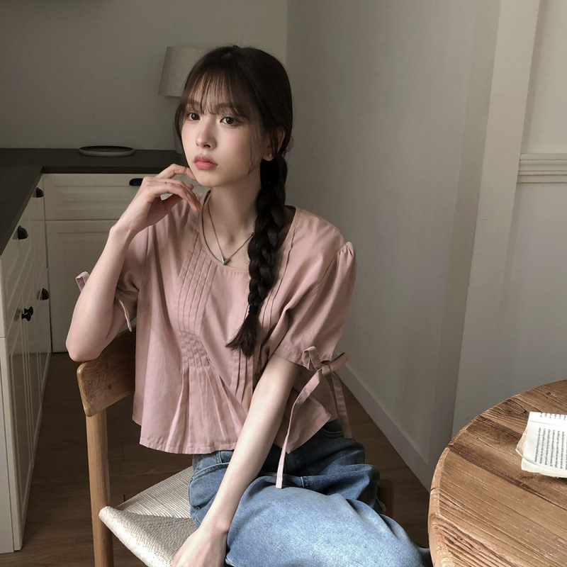 Korean Chic Summer New Style French Style Cuff Lace-Up Pleated Design Simple Round Neck Puff Sleeve Shirt Korean Chic Summer New Style French Style Cuff Lace-Up Pleated Design Simple Round Neck Puff Sleeve Shirt