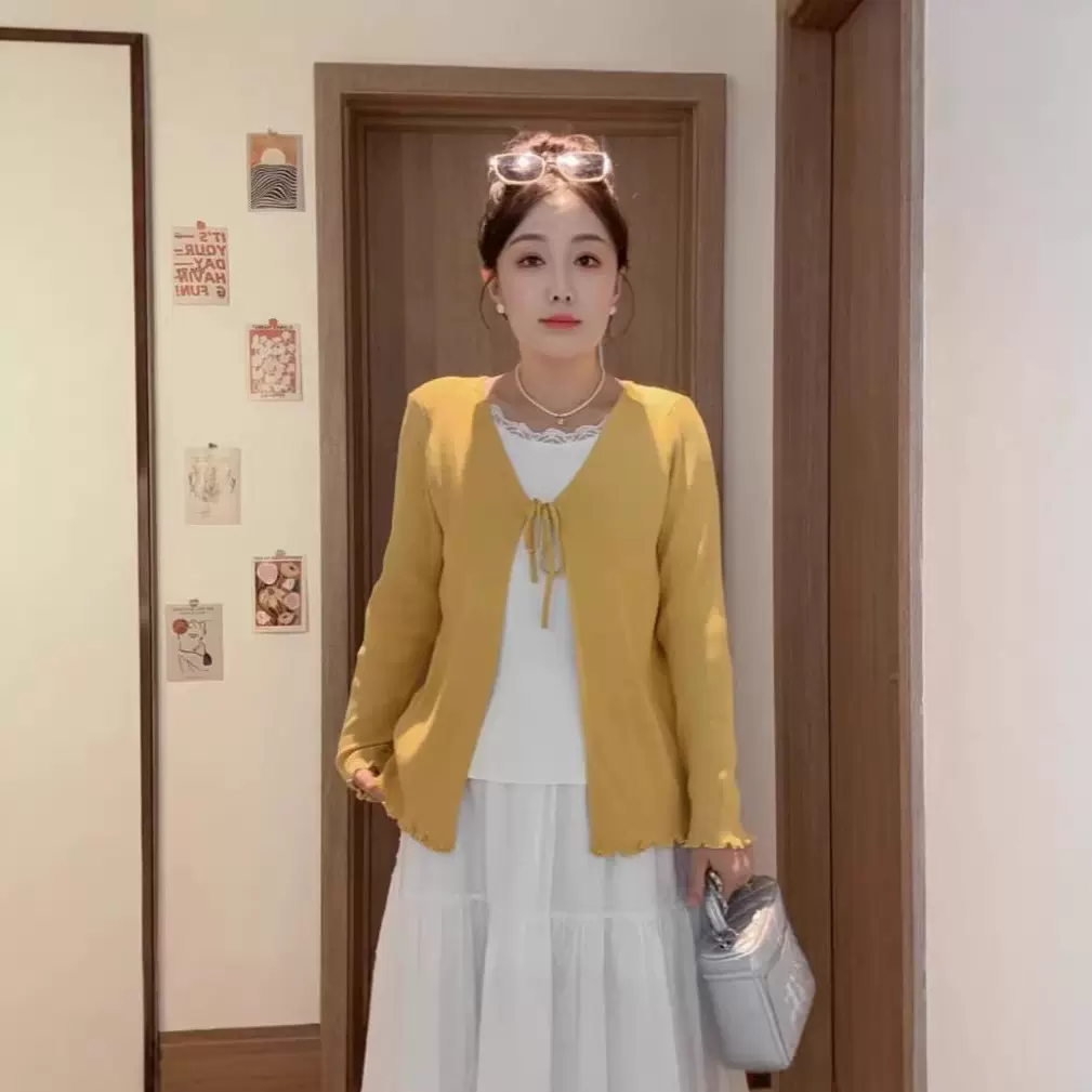 2026春大码胖MM蕾丝花边系带假两件针织衫女秋季新款设计感上衣